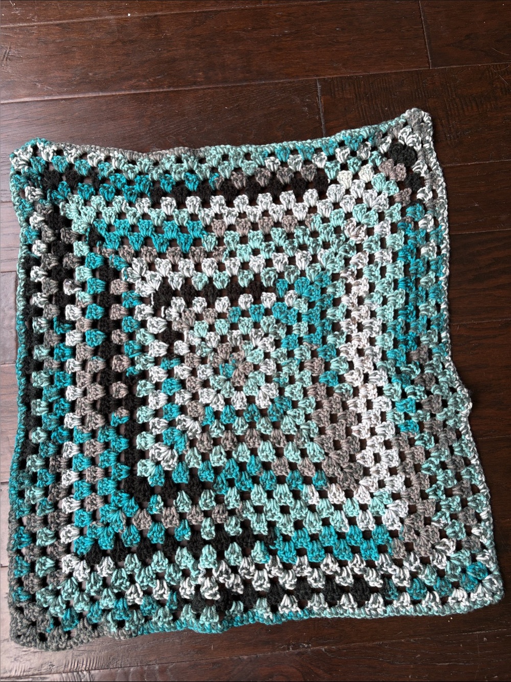 Handmade Crocheted Square Throw in Teal, Gray, Black